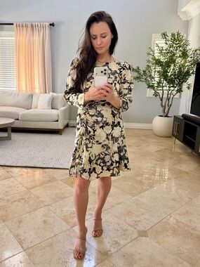 Rebecca Taylor Black and Cream Floral Silk Dress